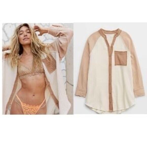 Aerie Pool-To-Party Oversized Cover-Up Shirt in Cappucino Color Black Womens XS - Picture 1 of 11